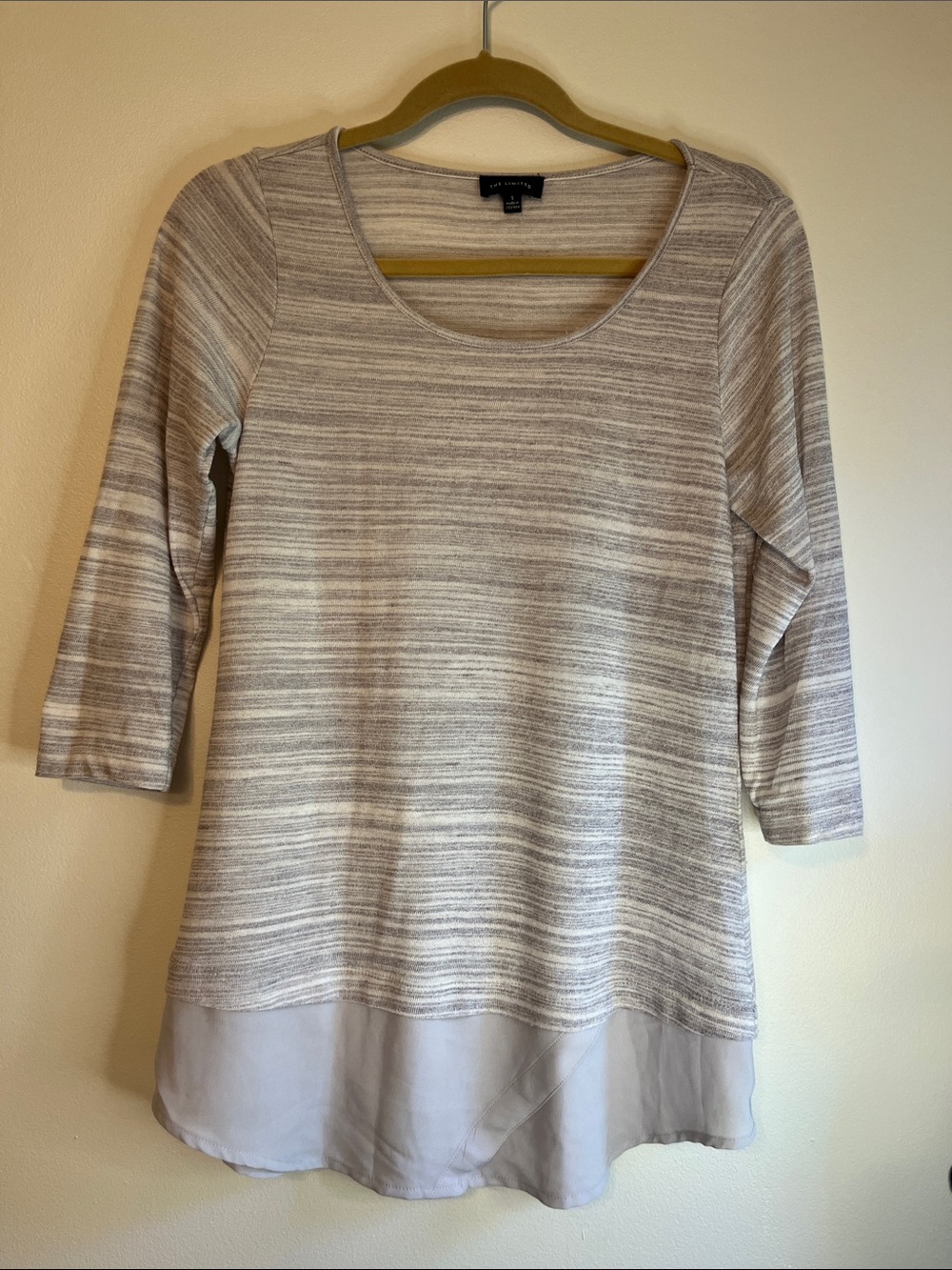 The Limited Size S Grey Striped Scoop Neck Tunic with Chiffon Hem. 3/4 Sleeve